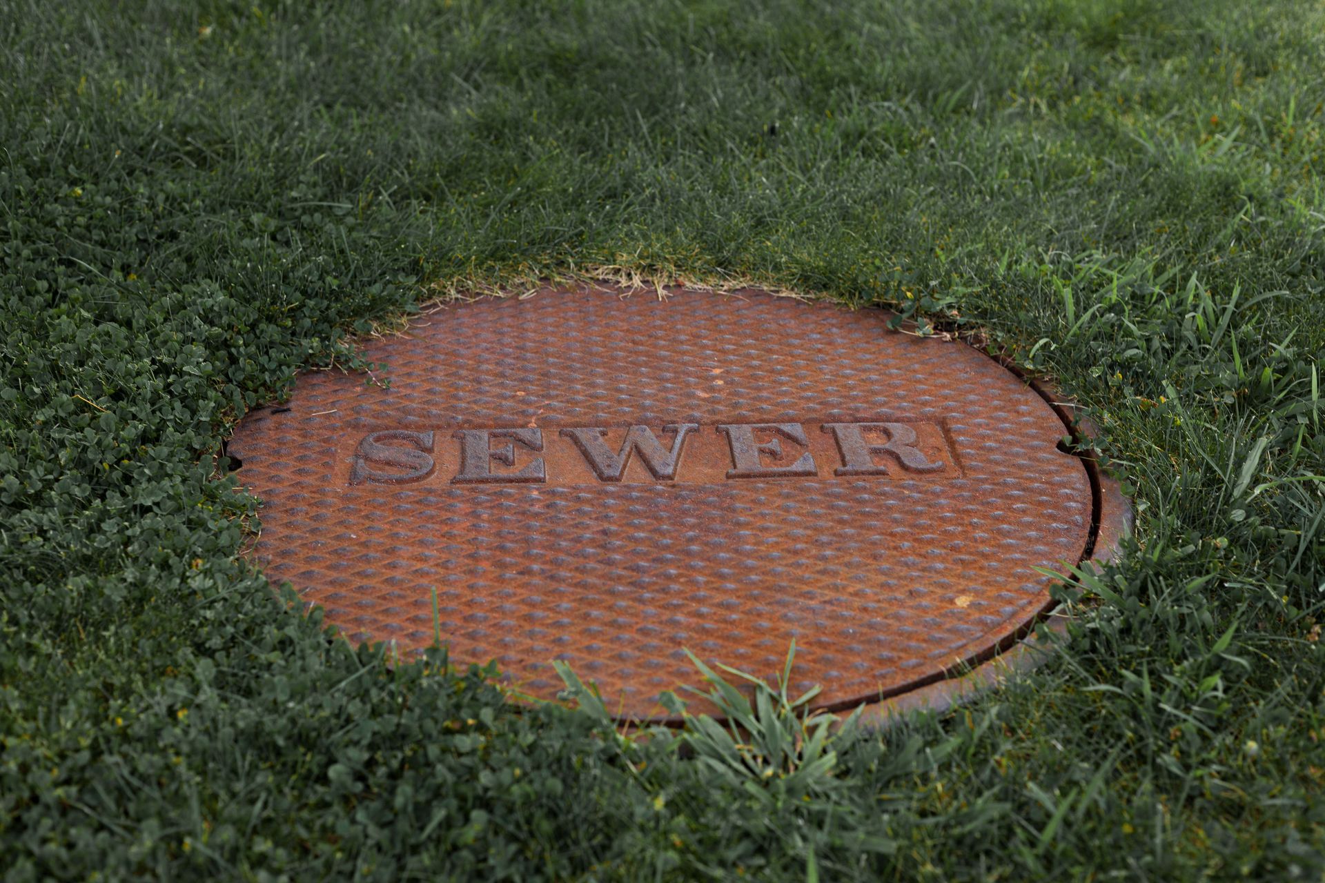 Close-up of a rusty sewer manhole cover in a grassy Boston park.